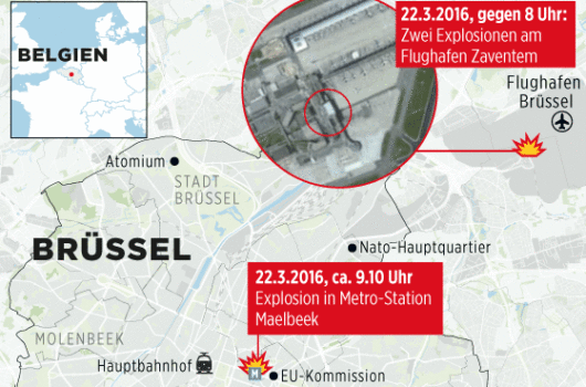 Map that locates the Brussels terrorist attack