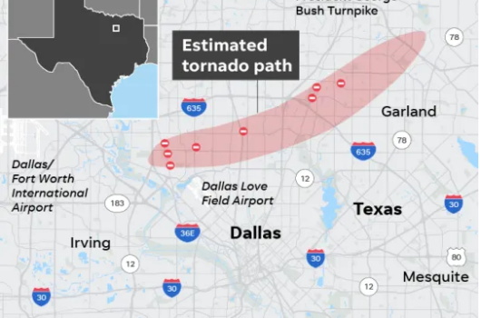 Estimated tornado path and road closures in Texas