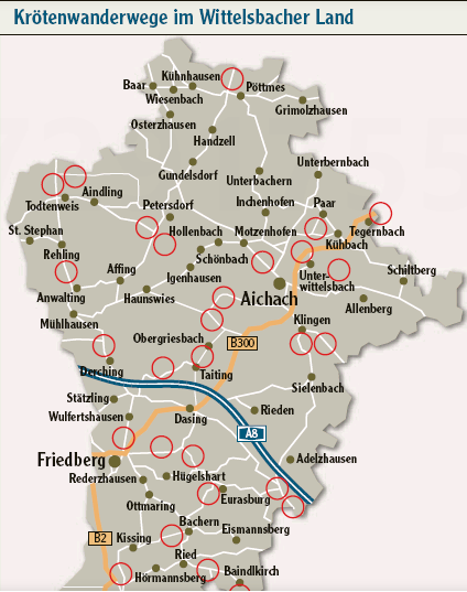 Paths for frogs around Aichach and Friedberg