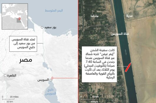 satellite image and locator map of the ship stuck in the Suez Canal