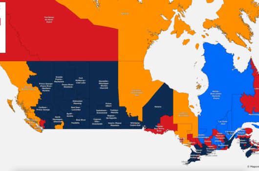 Canadian map that shows the result of the federal election with a popup to show the candidates