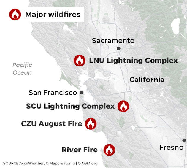 map showing wildfires in California