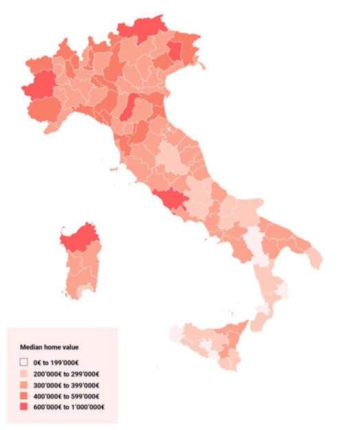 Choropleth map of the median home value in Italy.