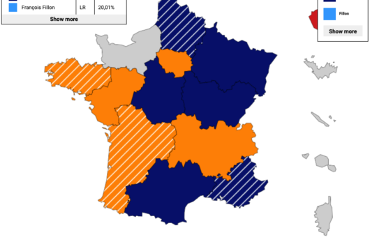 French election map featuring a popup with the election results in the upper left corner, and a candidate overview in the upper right corner