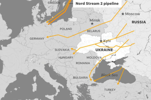 A grayscale map of Europe showing the gas pipelines from Russia