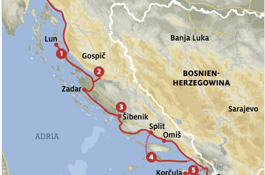 travel map for a cruiseship tour along Croatia