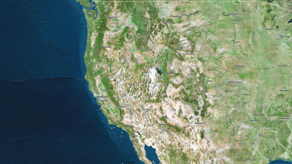 A satellite view of the west coast of the United States.