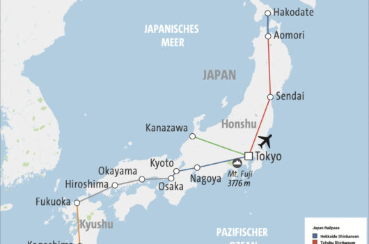 map of the country of japan with different railroad networks highlighted which are explained in a legend