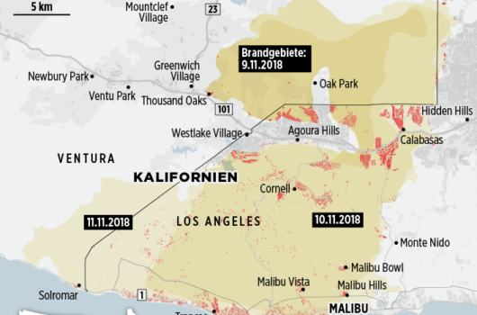 A map of southern California and the area of Los Angeles, with red highlights marking the burned areas
