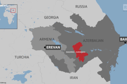 A locator map that highlights the two countries Armenia and Azerbaijan. The area of Karbakh is highlighted to stand out.