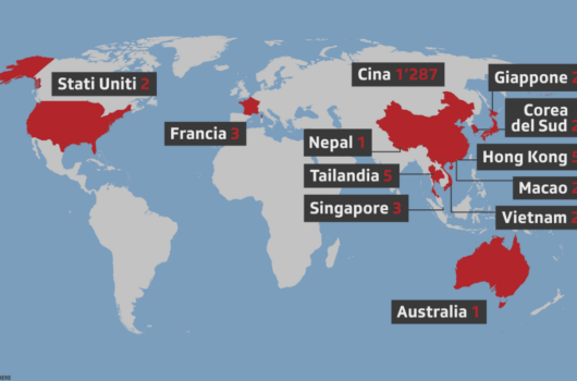 A world map showing where the first cases of the Covid virus have spread. Highlighted in red and annotated with the countries names and their amount of cases.