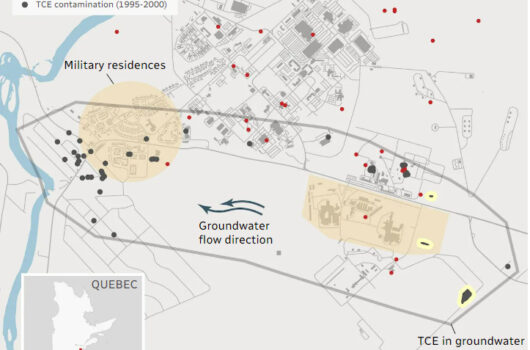 A map of south of Quebec shows in which direction the groundwater is flowing, where the TCE contamination has happened, and which residential areas are affected.