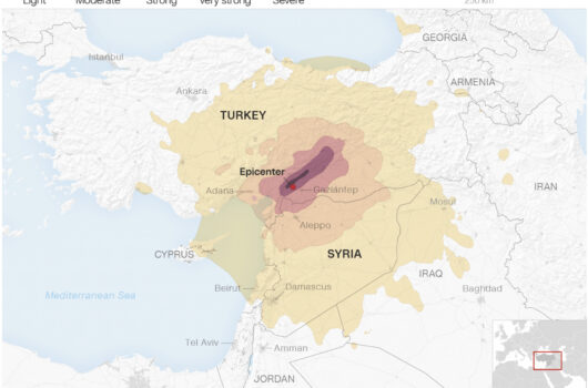 A map of Turkey and Syria, including the devastating extent of how far the earthquakes were noticeable. The legend explains each shake rings intensity. The locator mini map shows the more global context where this happened.