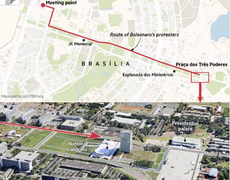 A combination of satellite bird's eye view picture, and a vector map featuring a red line going through the heart of Brasília.