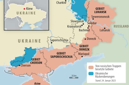 Red highlights show the Russian occupied areas in Ukraine, whereas the blue areas highlight regions that Ukraine has won back.