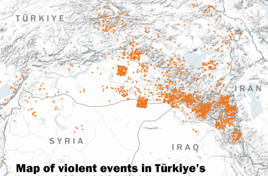 A map of the area of Türkiye, Syria, Iraq and Iran. Orange dots display the violent events in Türkiye's PKK conflict from 2016-2022