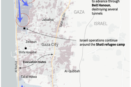 Israeli military forces inside Gaza represented in various colours on this map.
