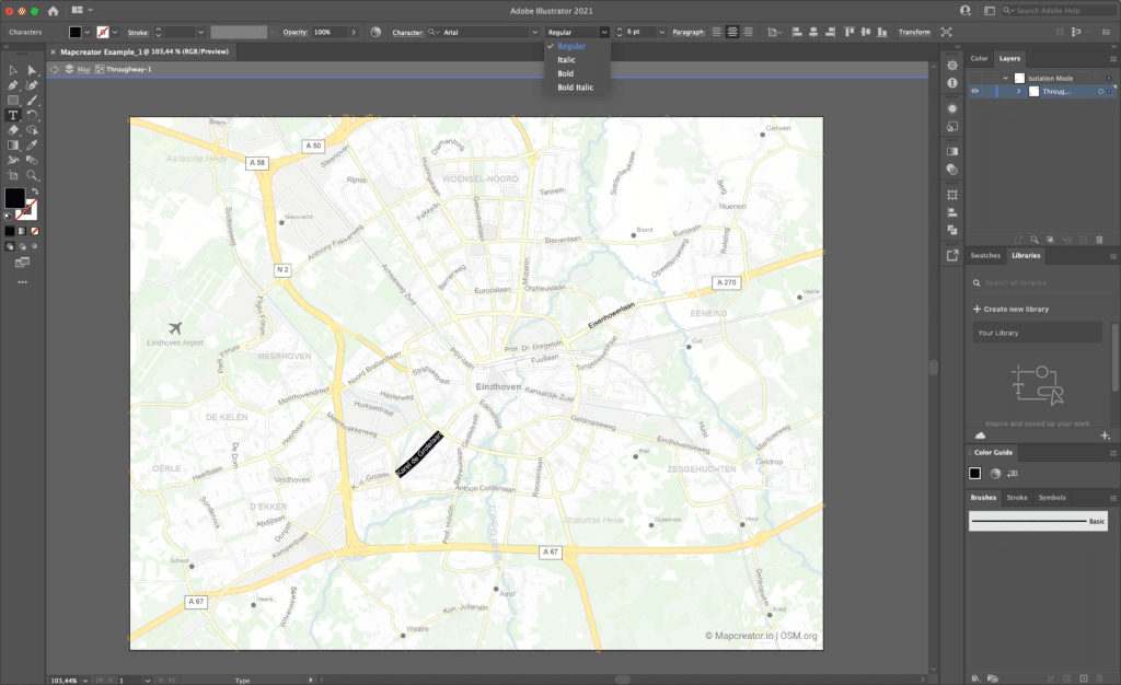 Mapcreator vector map with editable text on path