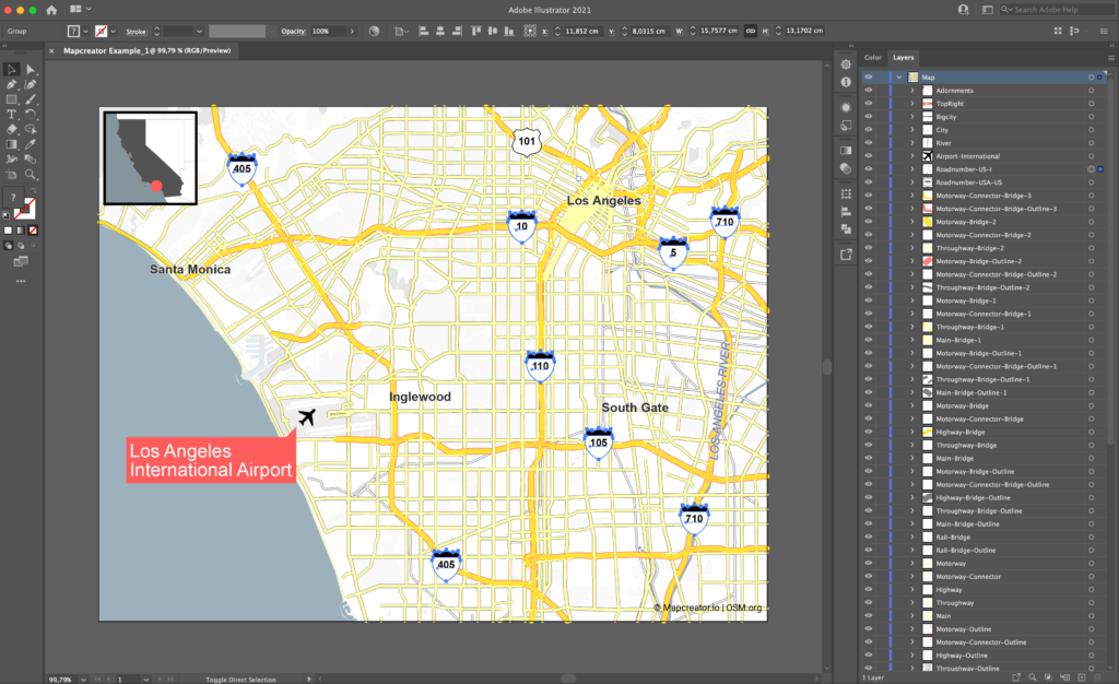 vectorkaart met lagen in AI vóór het script groups to layers