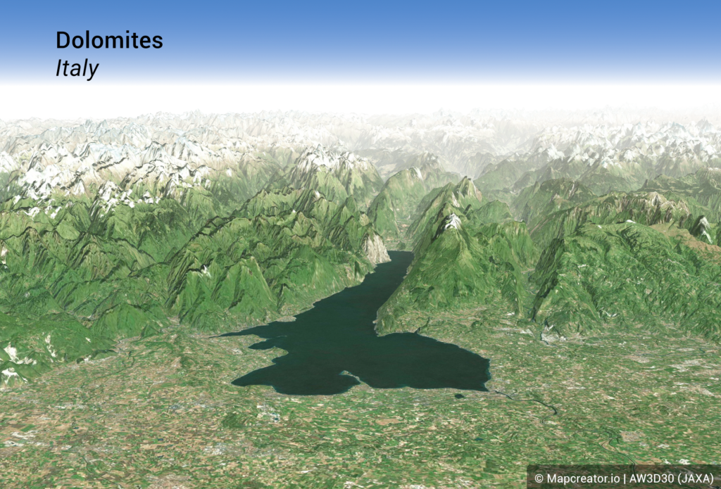 dolomites italy, example of one of Mapcreator's hidden features: 3d terrain combined with the satellite layer 