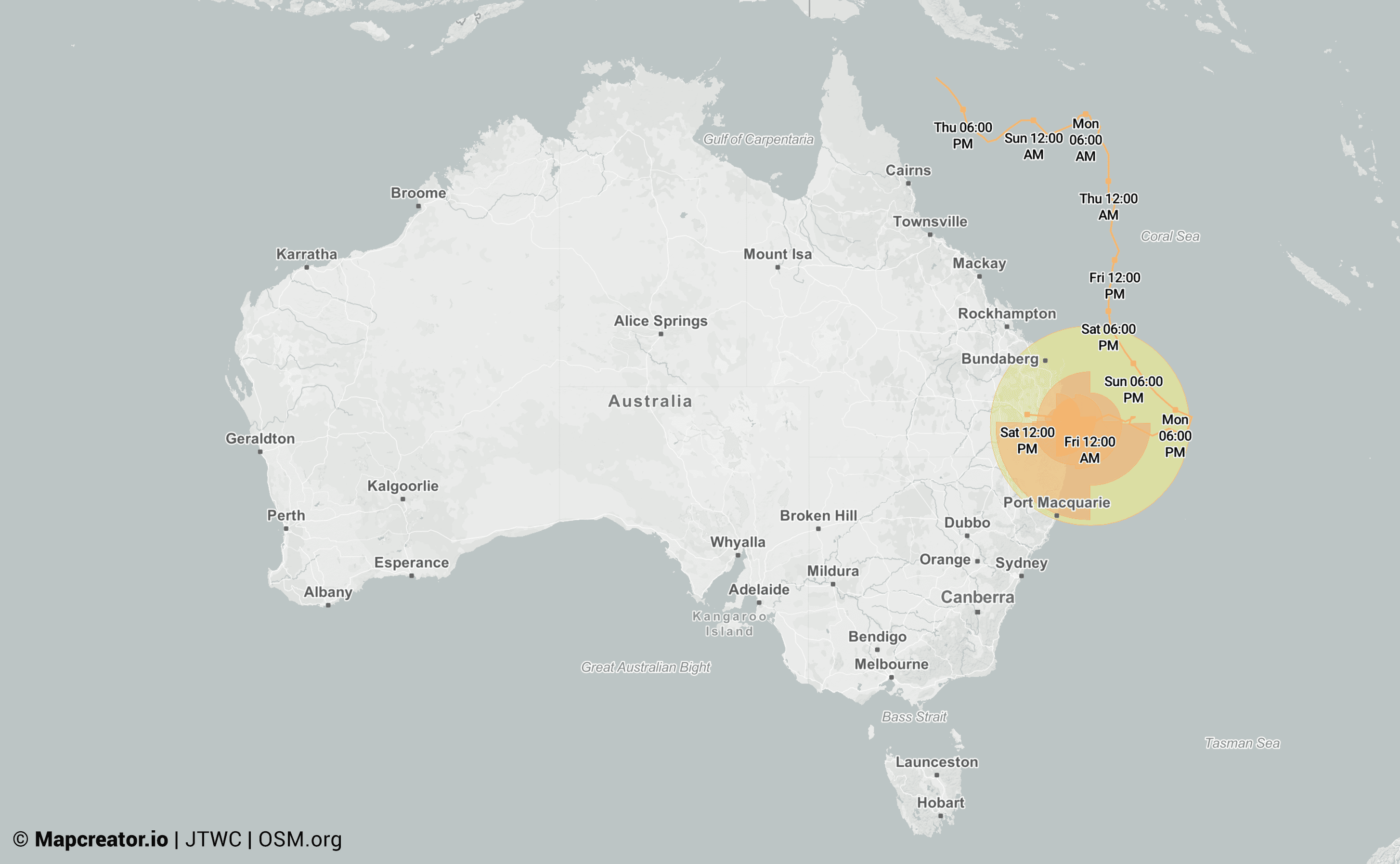 Cyclone image live data with Mapcreator, showing a cyclone in Australia