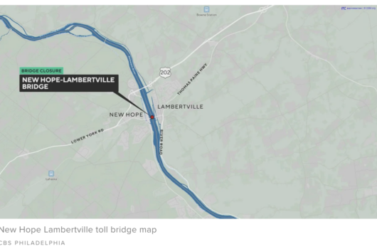 Map shows New Hope–Lambertville toll bridge closure due to repairs, highlighting traffic impact across the Delaware River between Pennsylvania and New Jersey.