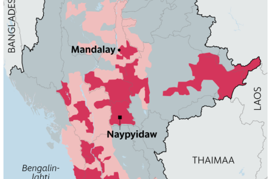 Map visualizes Myanmar's fragmented control zones, showing military junta holds only one-third of territory amid growing resistance from rebel forces. Source: Helsingin Sanomat / The New York Times.
