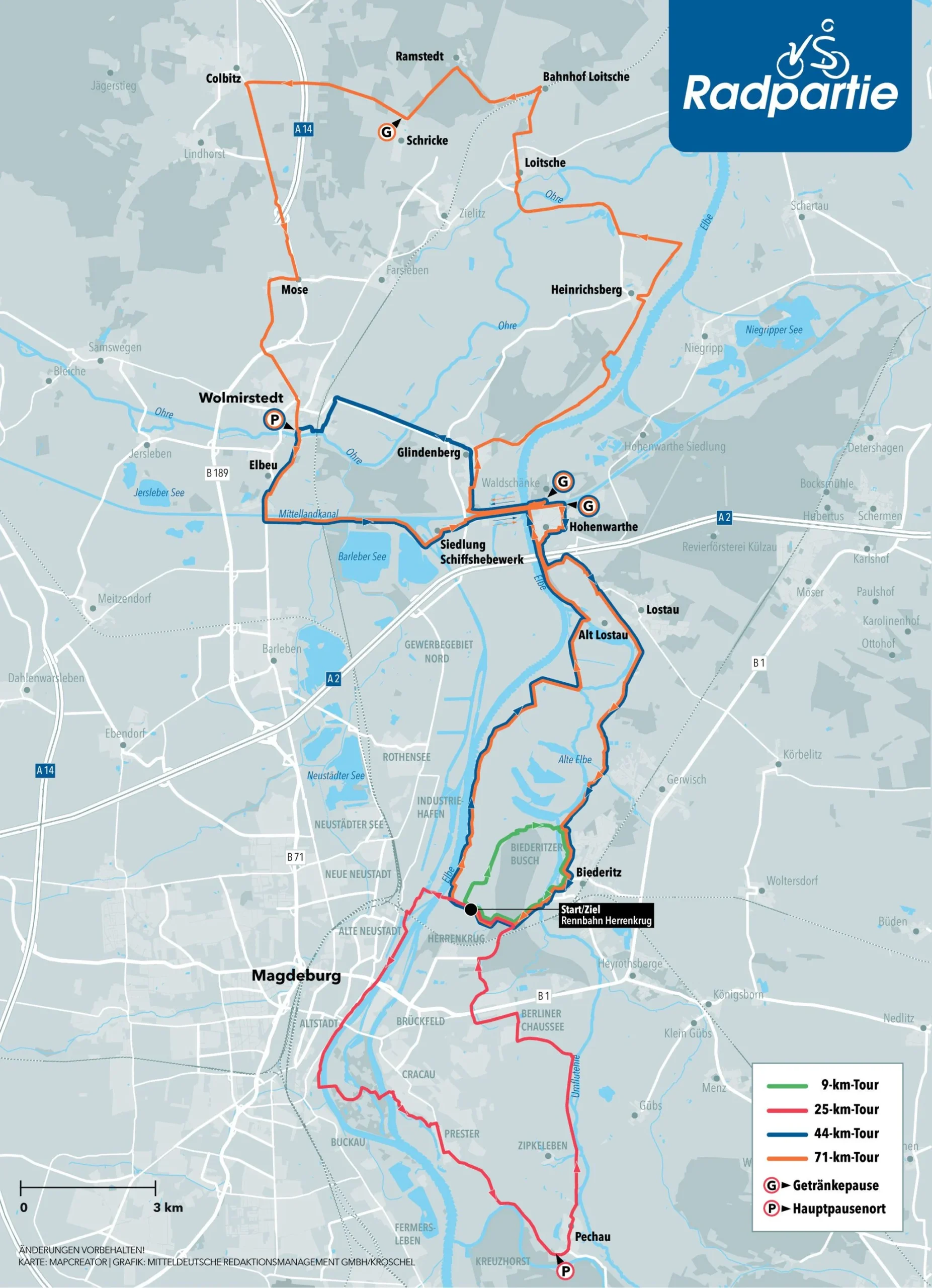 Magdeburg hosts a large cycling event featuring four route options (9 km, 25 km, 44 km, and 71 km) with scenic paths and designated rest stops.