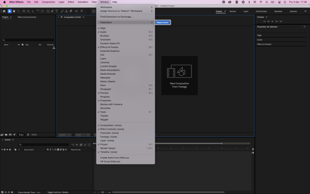 open the mapcreator extension in adobe after effects by navigating to windows -> extensions -> mapcreator