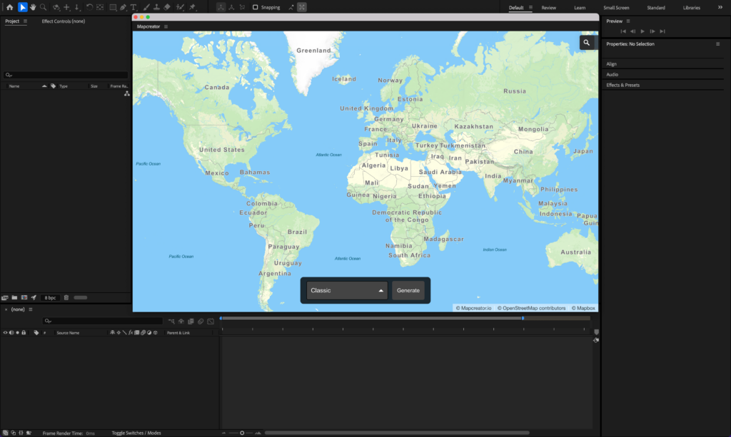 what is looks like after you open the mapcreator adobe extension in adobe after effects