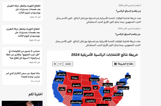 An interactive map from BBC Arabic shows the 2024 U.S. presidential election results by state, highlighting Republican and Democratic victories.