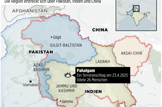 Map of the Kashmir conflict zone showing territorial claims by India, Pakistan, and China, and the location of a 2025 terrorist attack in Pahalgam that killed 26 people. Includes geopolitical divisions such as Gilgit-Baltistan, Jammu and Kashmir, Ladakh, and Aksai Chin.