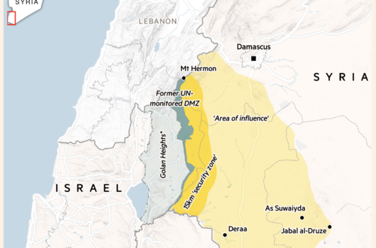 Map illustrating Israel’s security buffer in Syria, including a 5 km ‘security zone’ and broader zones of influence around the Golan Heights, Deraa, and Mt Hermon, based on FT Research.