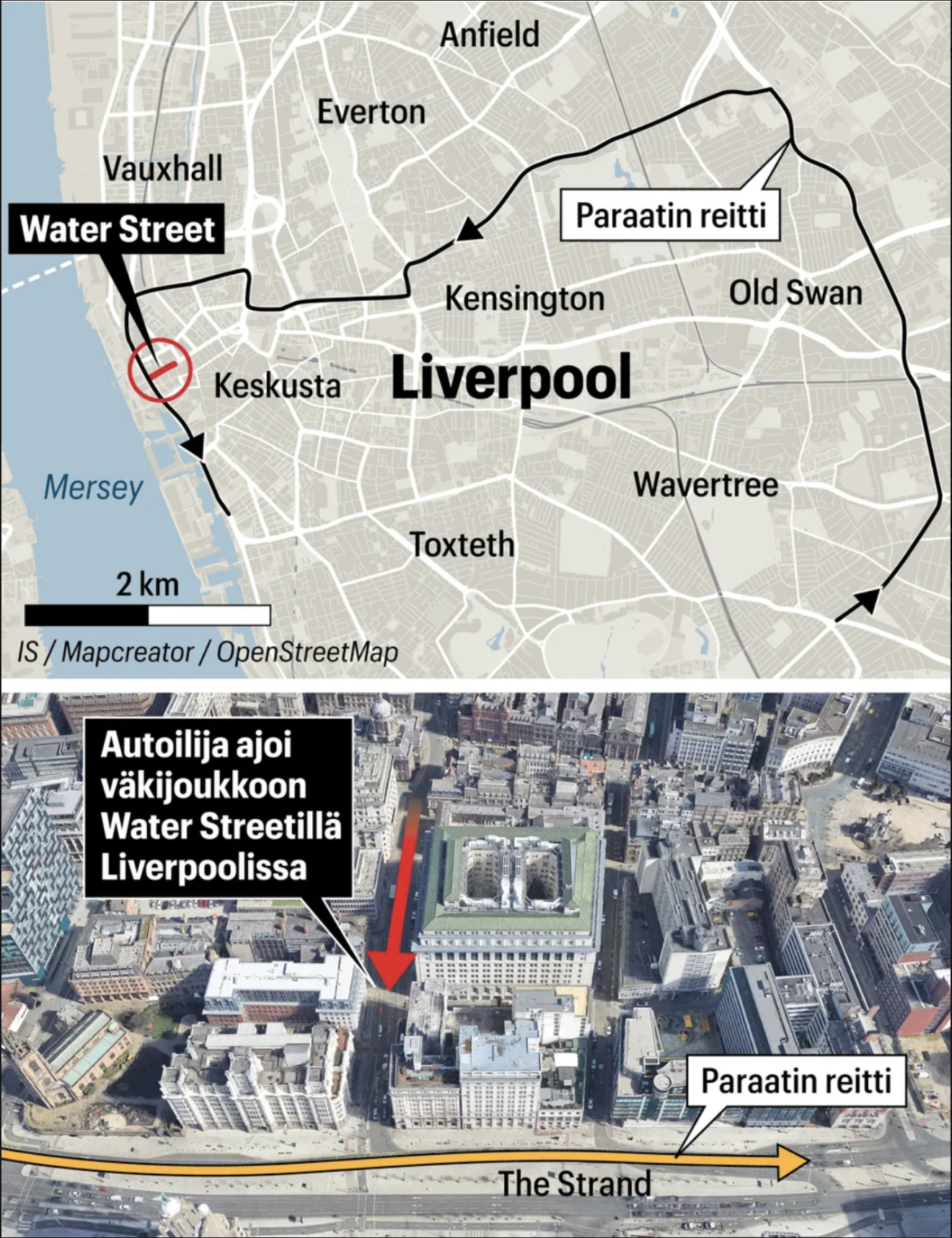A car drove into a parade crowd on Water Street, Liverpool. The image details both the attack location and the official parade route.