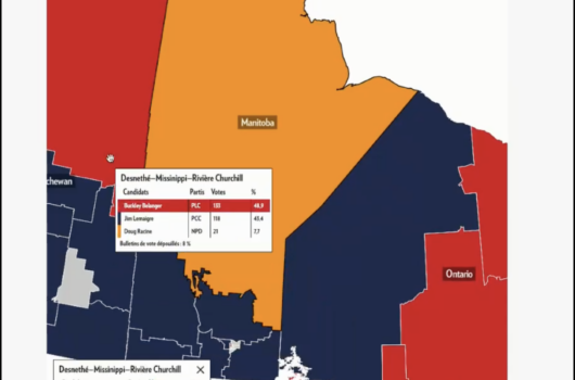 La Presse's electoral results map zooms in on Desnethé–Missinippi–Rivière Churchill, showcasing the tight Liberal-Conservative race and regional party preferences in Manitoba and Saskatchewan for the 2025 federal election.