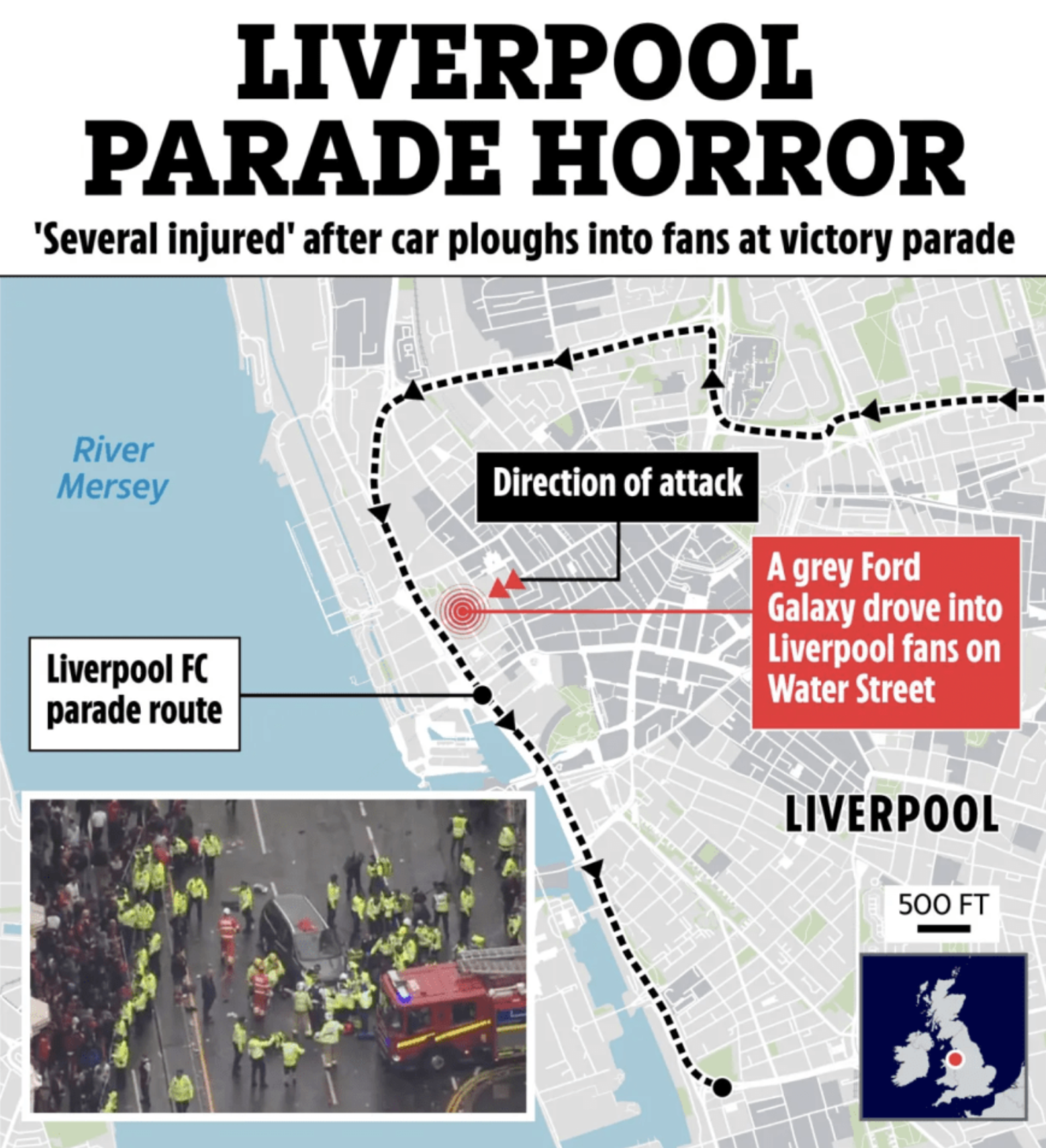 Infographic details a vehicle attack during Liverpool FC's victory parade, where a grey Ford Galaxy struck fans on Water Street, injuring several. Includes incident map, parade route, and emergency response image.