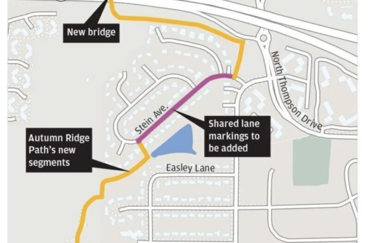 Map showing updates to the Autumn Ridge Path in Longview, including new segments, a bridge over Route 30, and upcoming shared lane markings along Stein Avenue.