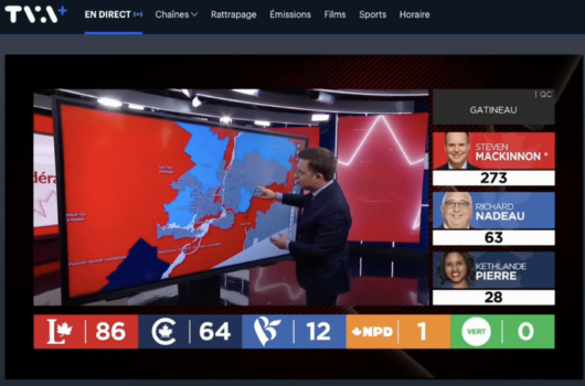 TVA’s live coverage of the 2025 Canadian federal election features regional results in Quebec, with the Liberals leading in Gatineau and nationally ahead with 86 seats; Bloc Québécois and Conservatives follow.