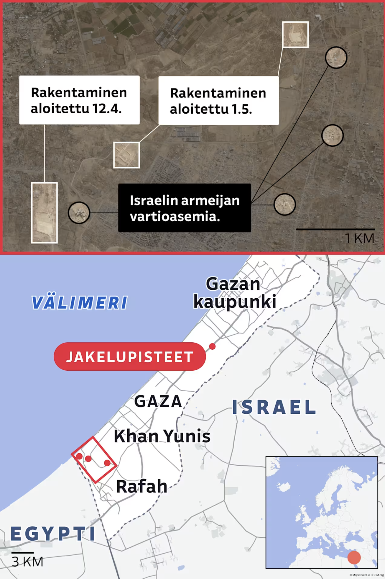 A YLE graphic showing recent Israeli military construction near Rafah, Gaza, with annotated satellite imagery and distribution points for humanitarian aid marked across southern Gaza.