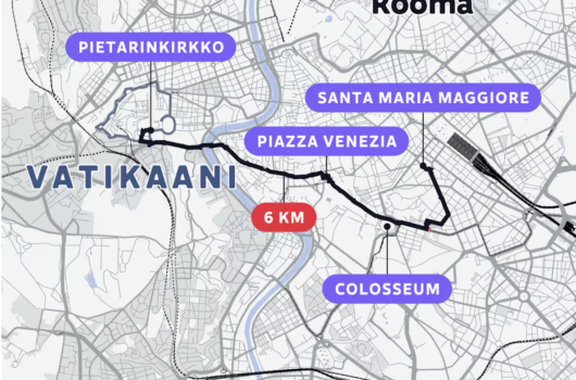 Map showing the 6-kilometer route of the pope’s coffin procession through Rome, passing major landmarks like the Colosseum, Santa Maria Maggiore, and ending at St. Peter’s Basilica in Vatican City.