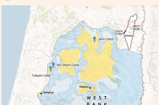 Map showing areas of Israeli and Palestinian control in the West Bank, with highlighted locations of newly established Israeli military garrisons inside refugee camps.