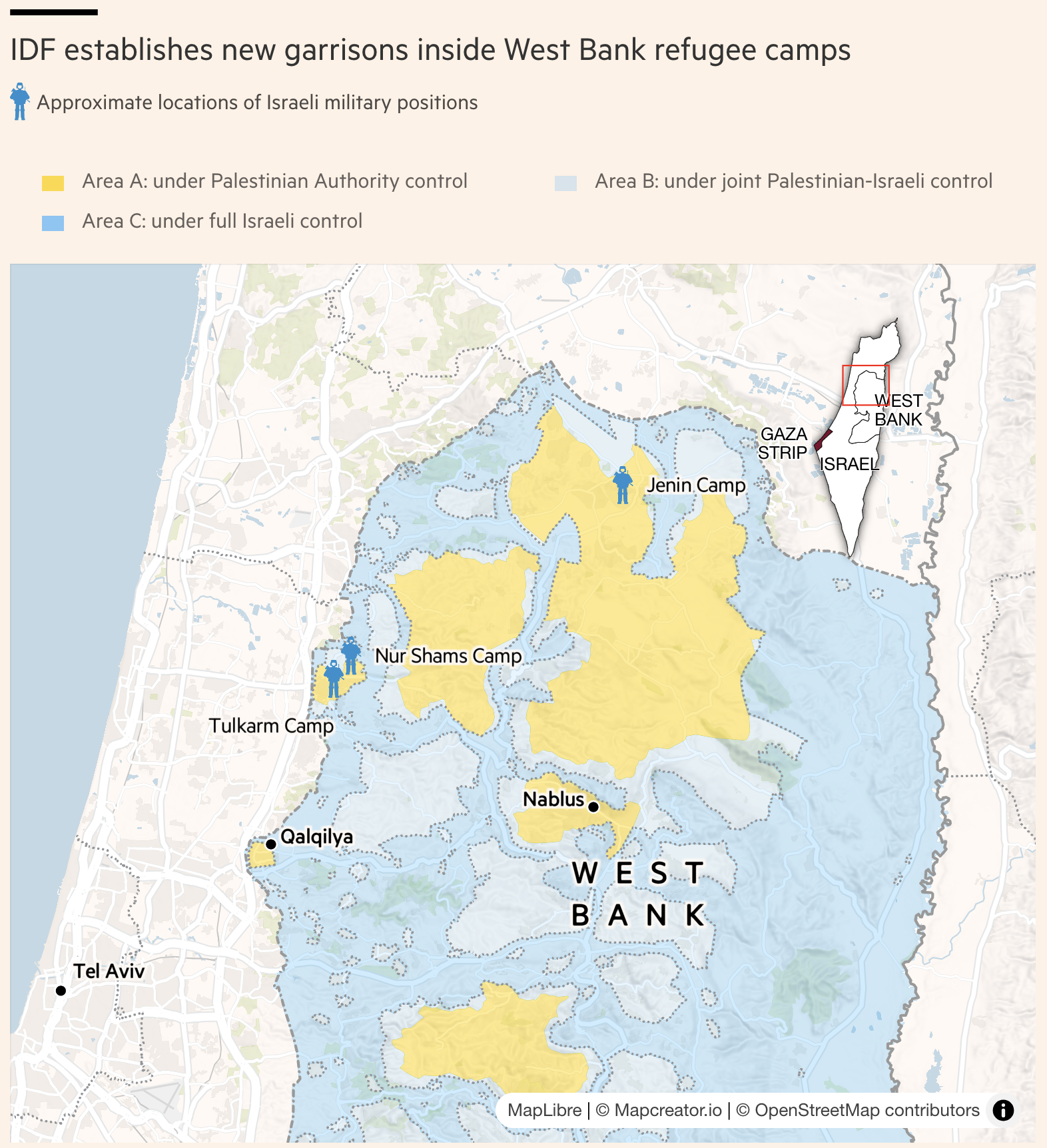 Map showing areas of Israeli and Palestinian control in the West Bank, with highlighted locations of newly established Israeli military garrisons inside refugee camps.