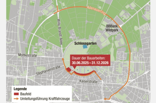 A new detour plan in Karlsruhe reroutes traffic around the Schlossplatztunnel due to renovations and tech upgrades from mid-2025 through end-2026. Visualized here is the construction zone and affected traffic pathways.