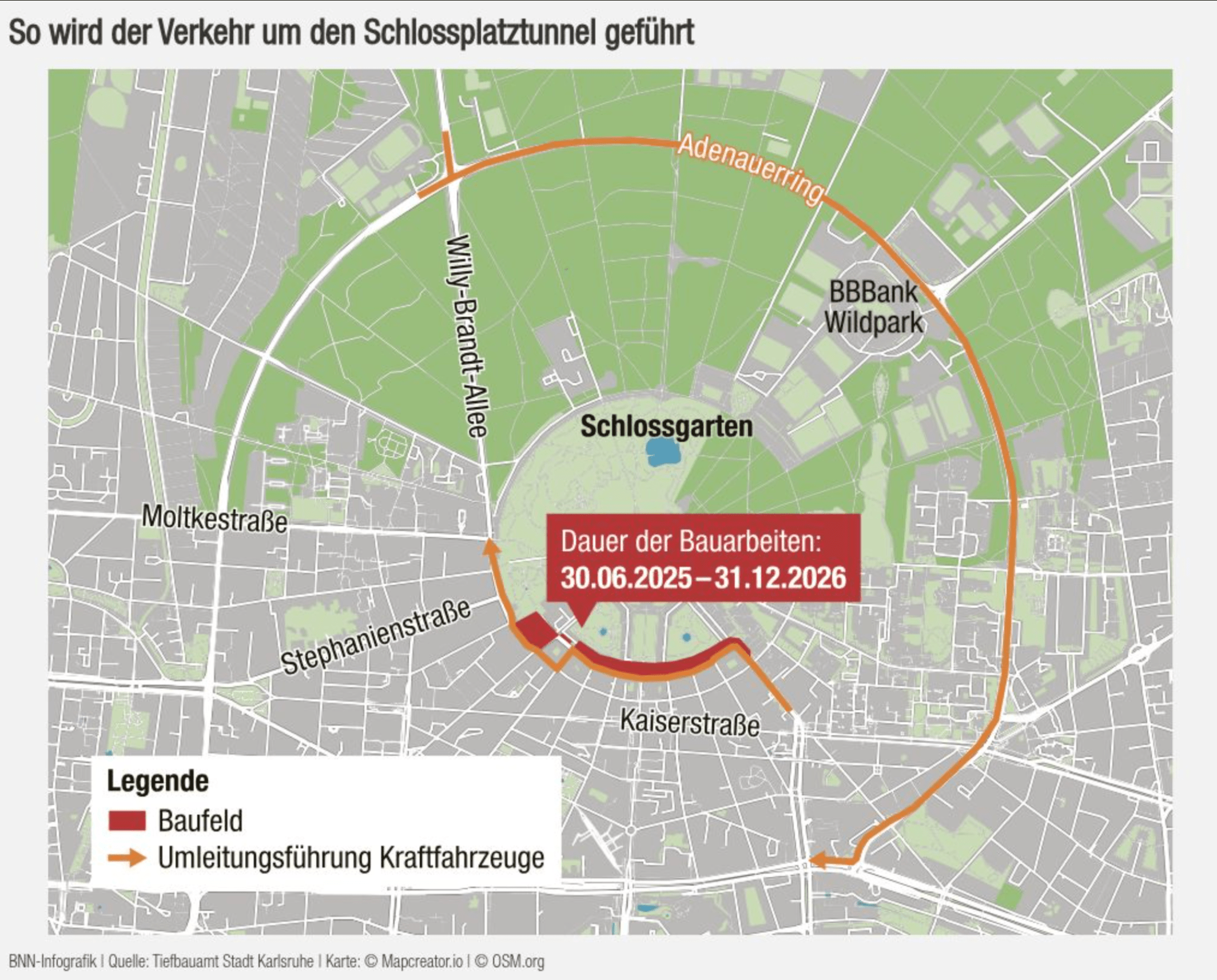 A new detour plan in Karlsruhe reroutes traffic around the Schlossplatztunnel due to renovations and tech upgrades from mid-2025 through end-2026. Visualized here is the construction zone and affected traffic pathways.