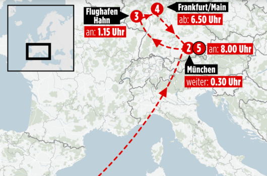 A 10-second delay turned Condor Flight 1513 into a 12-hour ordeal across Germany. BILD’s map shows the chaotic route from Palma to Munich via Hahn and Frankfurt, spotlighting the impact of strict landing rules.