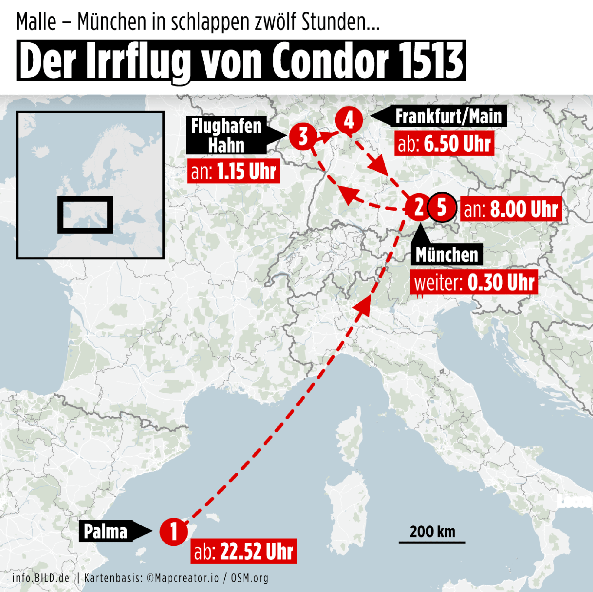 A 10-second delay turned Condor Flight 1513 into a 12-hour ordeal across Germany. BILD’s map shows the chaotic route from Palma to Munich via Hahn and Frankfurt, spotlighting the impact of strict landing rules.