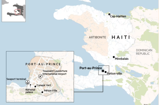 Map from the Financial Times shows key urban zones in Haiti amid gang threats to Port-au-Prince. Highlights include Pétion-Ville, the National Palace, and Toussaint Louverture Airport—last government-controlled areas.