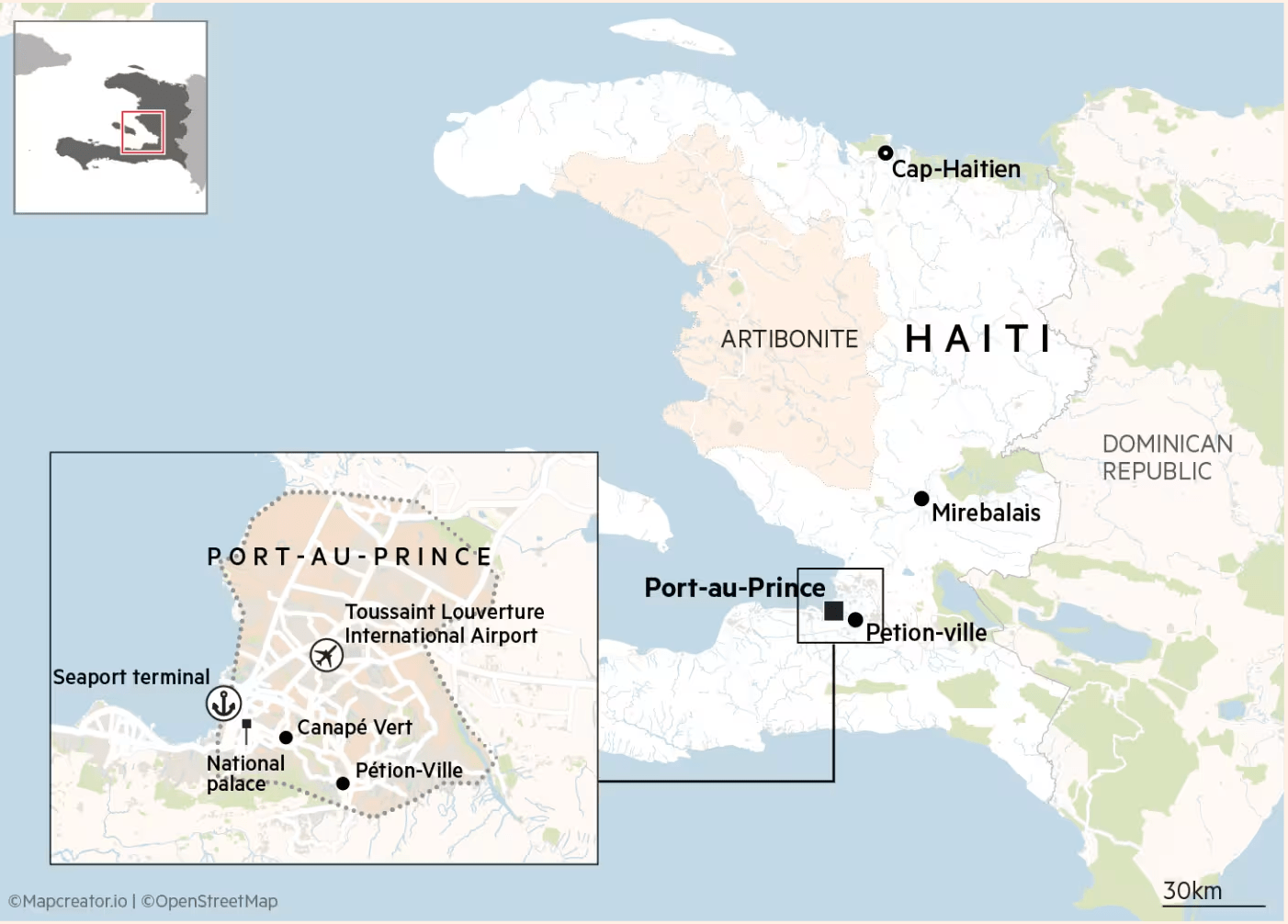 Map from the Financial Times shows key urban zones in Haiti amid gang threats to Port-au-Prince. Highlights include Pétion-Ville, the National Palace, and Toussaint Louverture Airport—last government-controlled areas.