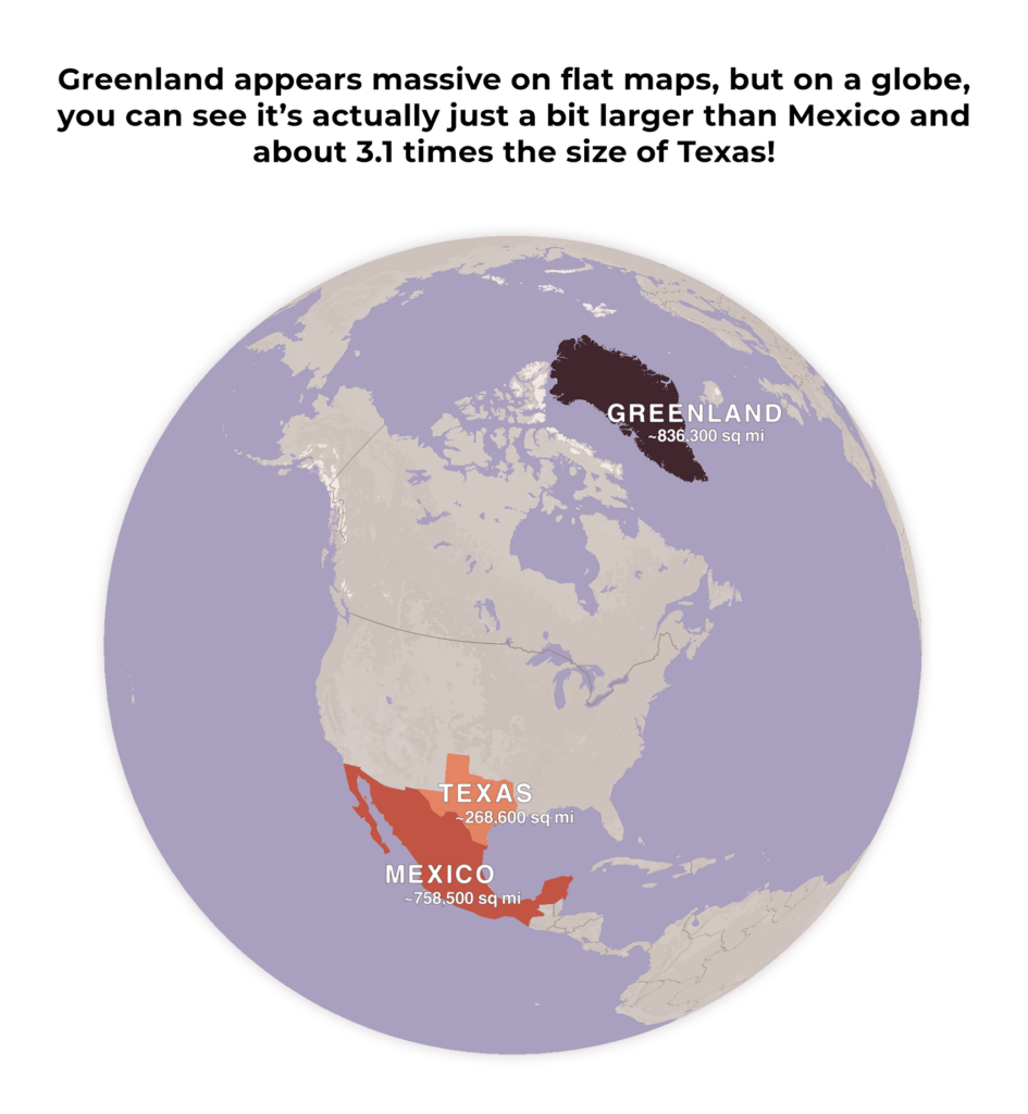 Mapcreator globe as an SVG export map highlighting the true size of greenland compared to texas and mexico