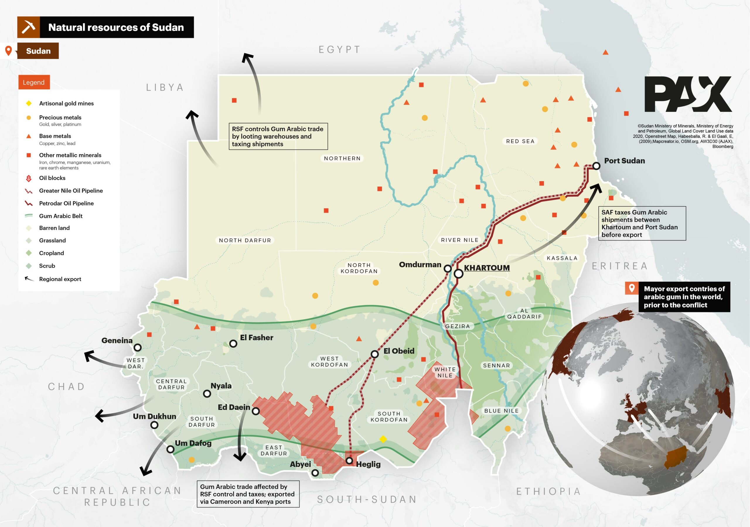 PAX’s map of Sudan reveals how Gum Arabic and mineral wealth fuel the country’s conflict. Resource-rich zones are exploited by warring factions, disrupting trade and driving regional instability.